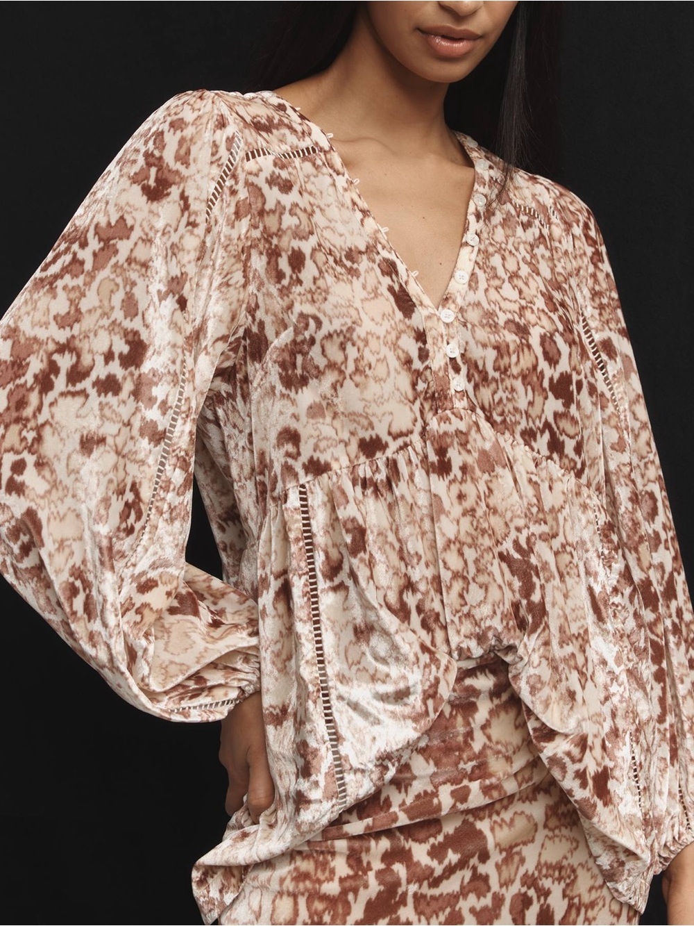 Anthropologie Velvet Burnout Brown and Cream Printed Peasant Tunic Blouse